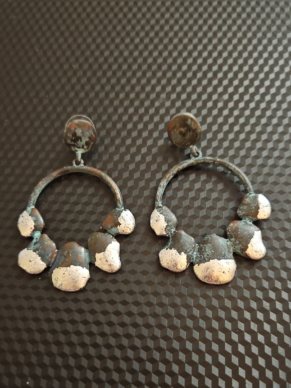 Handcrafted Patina Hoop Drop Earrings in Green and Silver